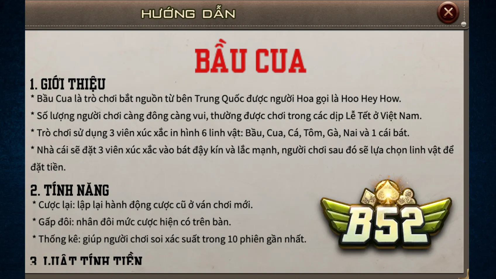 Luật chơi dùng trong Bầu cua B52 Club