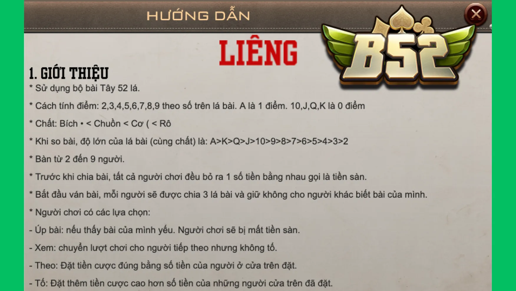 Bạn cần ghi nhớ luật chung có trong Liêng B52 Club